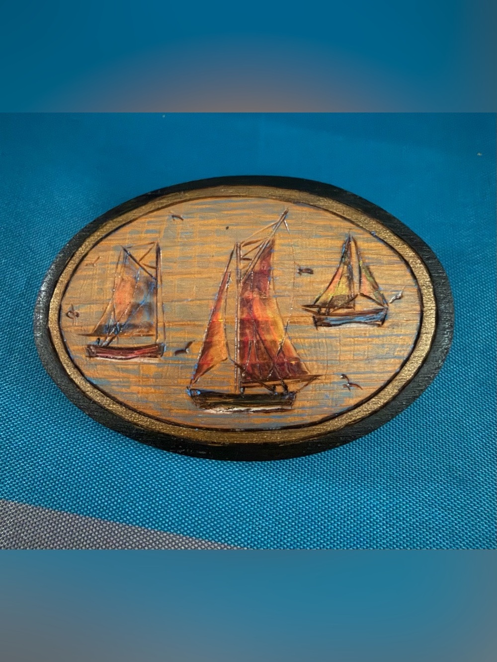 Hand-Painted Sailboat Brooch in Gold and Brown Tones